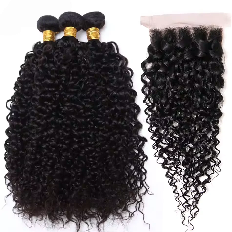 

Натуральные кудрявые волосы Kinky Curly, 3 пучка с кружевной застежкой 4x4, перуанские пучки волос с застежкой, 100% натуральные волосы Remy, класс 12A