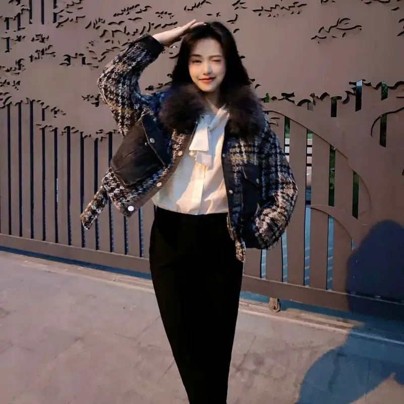 冬用の新しい綿入り厚手のデニムチェックツイードショートトップ、女性用、コート付き、ファッショナブルで高級感がありエレガントです。