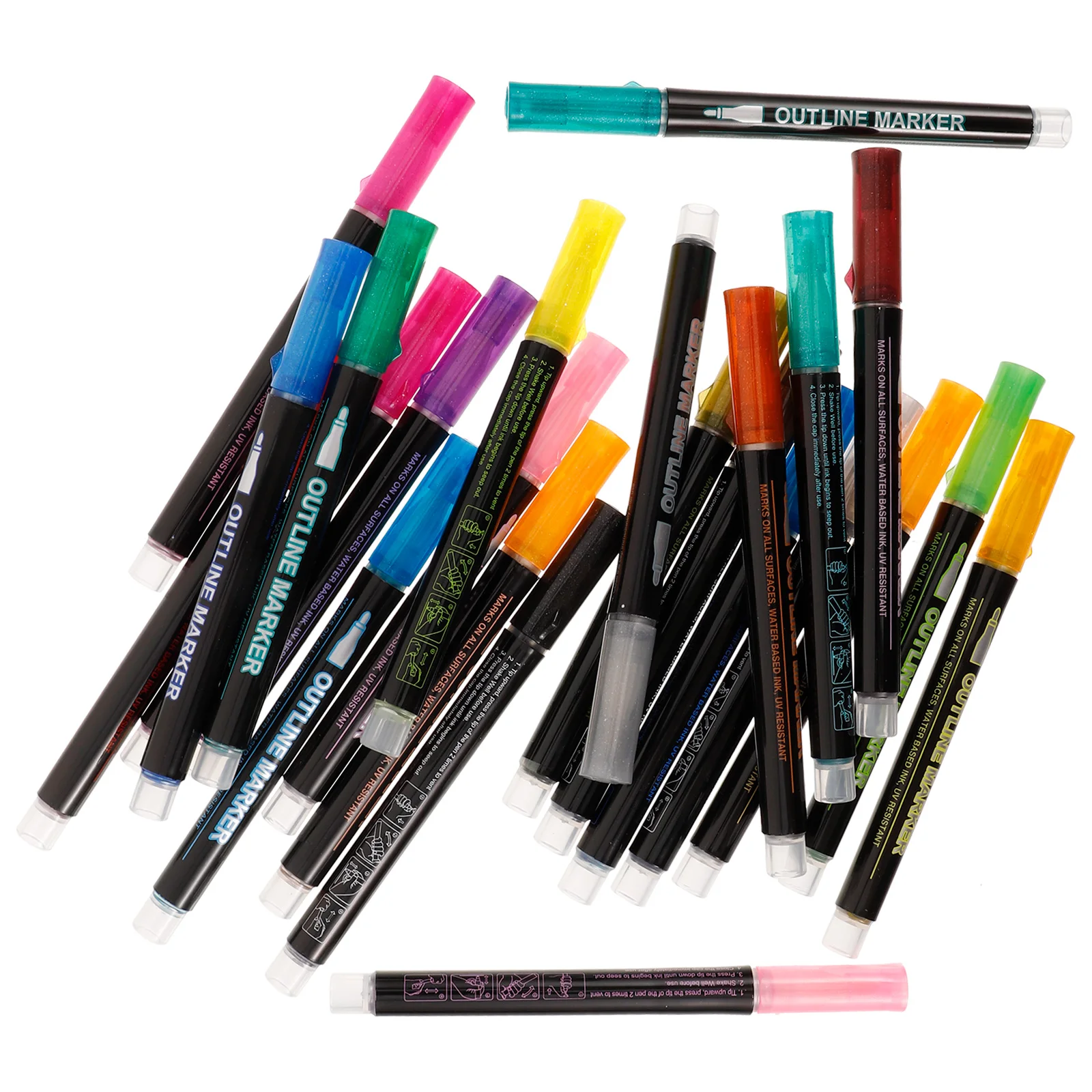 

24 Pcs Flash Markers Glitter Coloring Pens Dual Tip Outline Black Rod 24 Colors School Supplies Arts Crafts Writing Tools