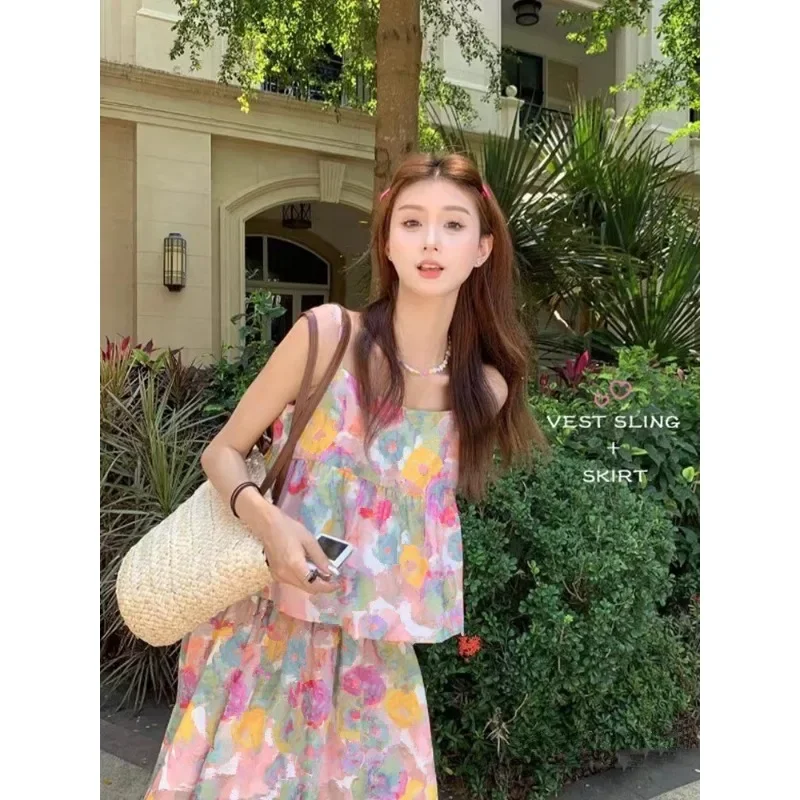 Summer Women's Skirt Suits Fresh Sweet Colorful Floral Camisole Vest Y2k Tops Long Skirt 2pcs Matching Set Seaside Vacation Set