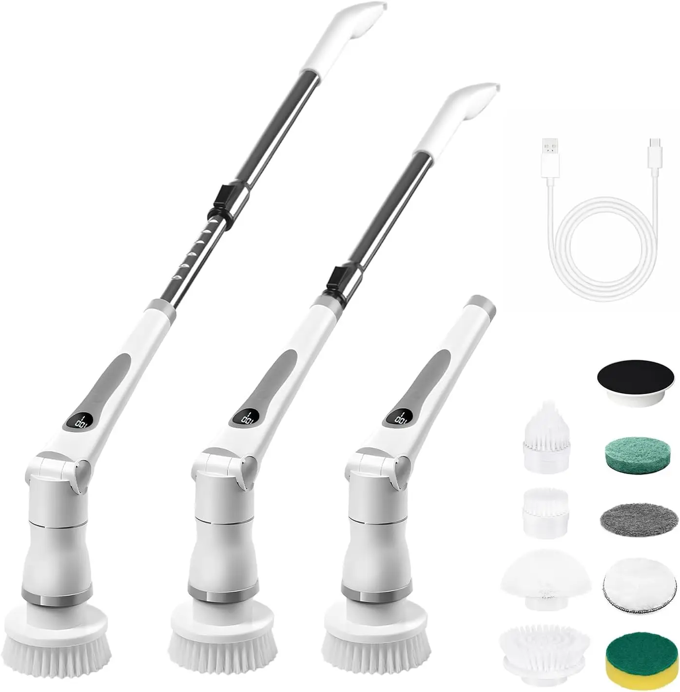 Electric Spin Scrubber, Cordless Cleaning Shower Brush 8 Cleaner Heads LCD Display 3 Speeds Adjustable Extension Handle I