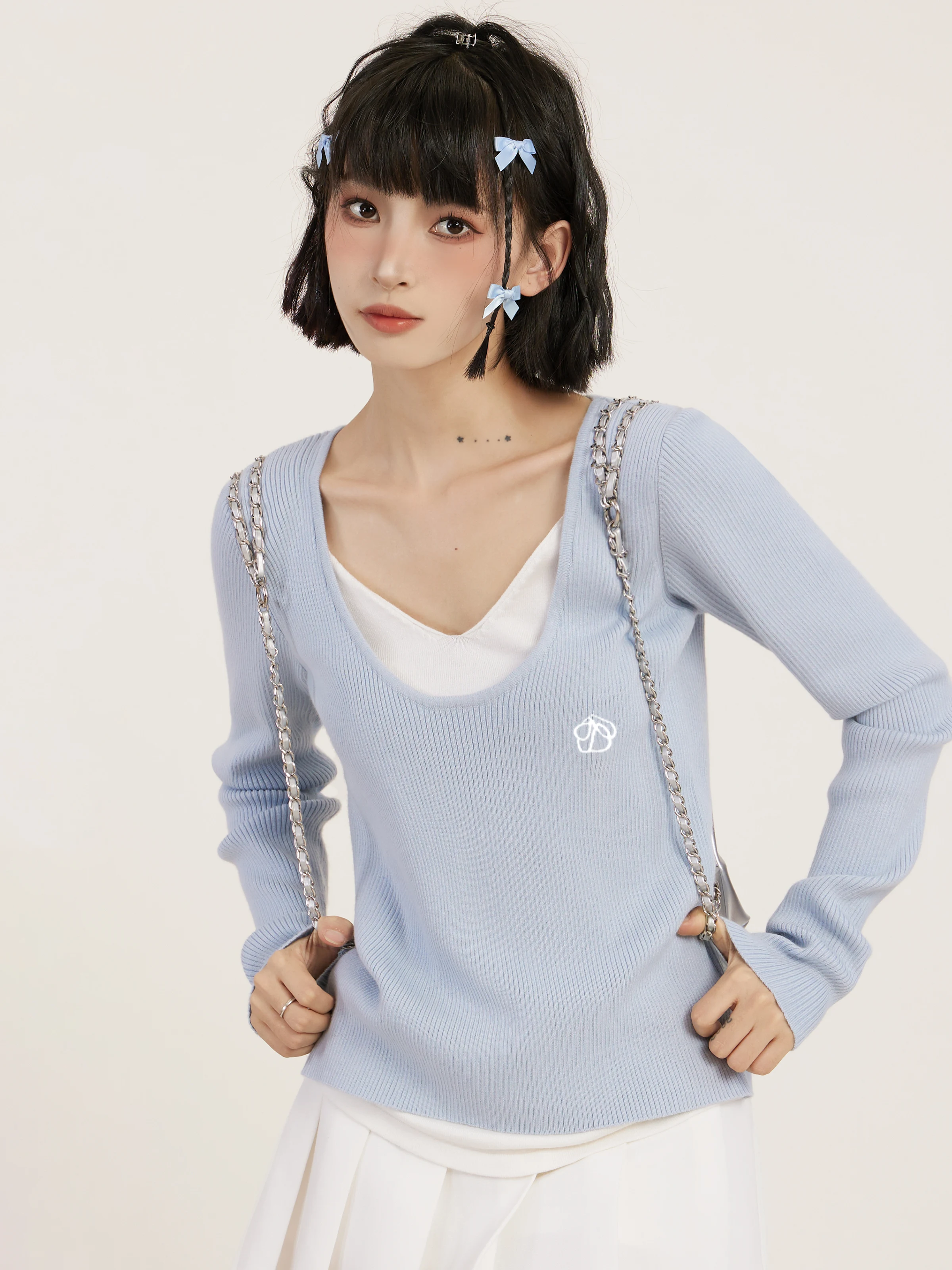 Long-Sleeved Sweater Blue Fake Two-Piece V-neck Spring and Autumn Slim Fit Inner Wear Bottoming Shirt Top Fashion All-Matching