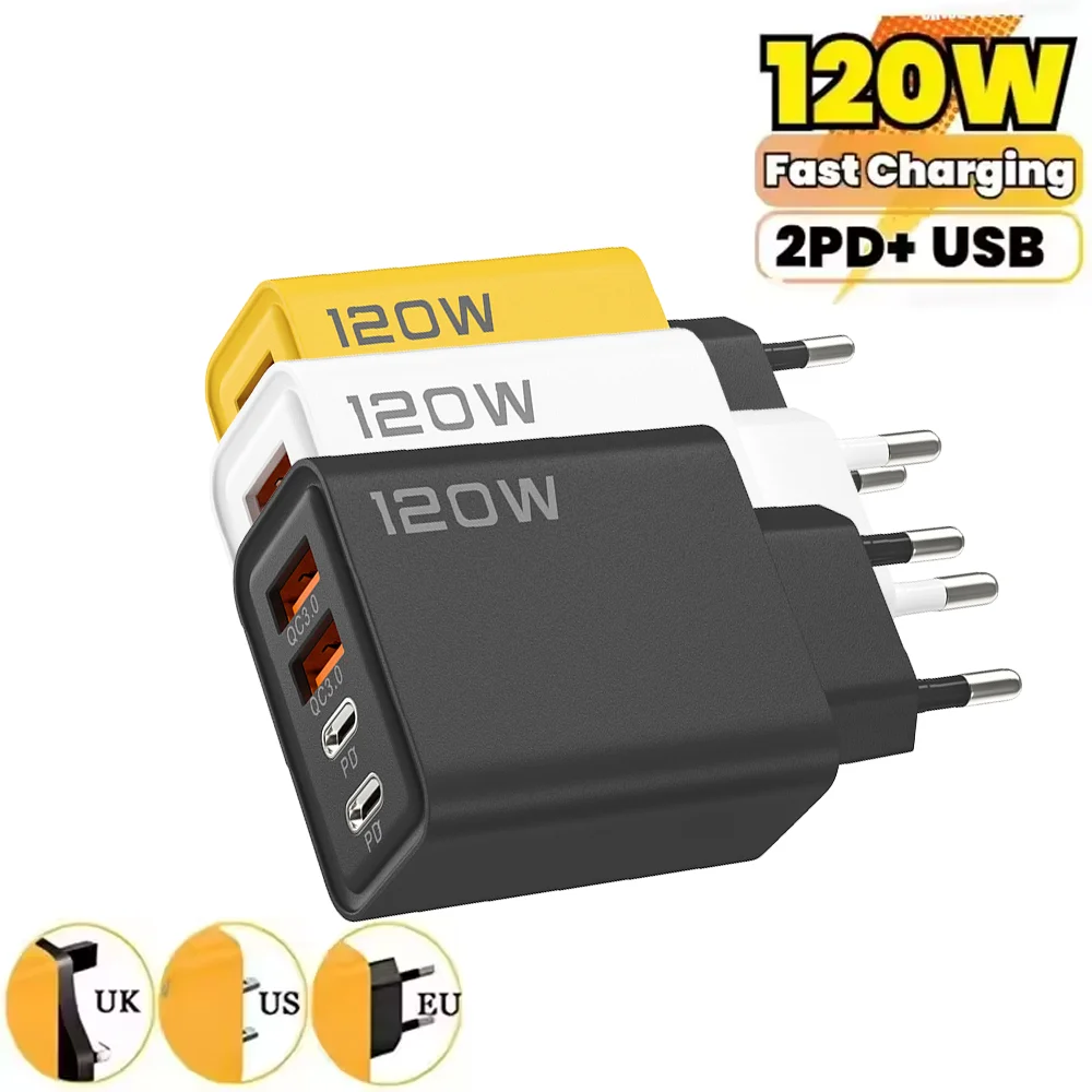 شحن سريع 3.0 شاحن سريع مجموع 120 واط 4 منافذ USB نوع C PD الهاتف المحمول الجدار محول آيفون سامسونج Xiaomi USB C شاحن