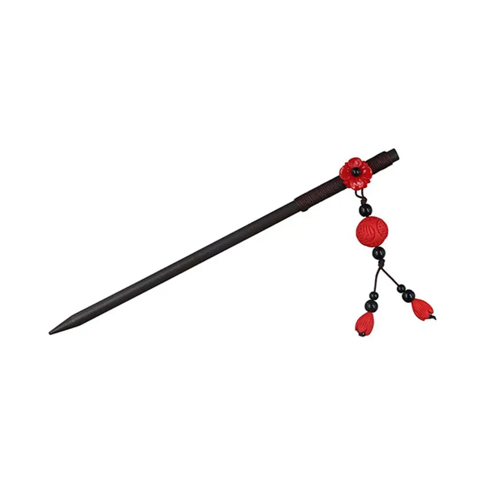 Bâton à cheveux en bois à fleurs rétro, pompon rouge, épingle à cheveux Hanfu, fourchette à cheveux, couvre-chef Hanfu, accessoires Hanfu