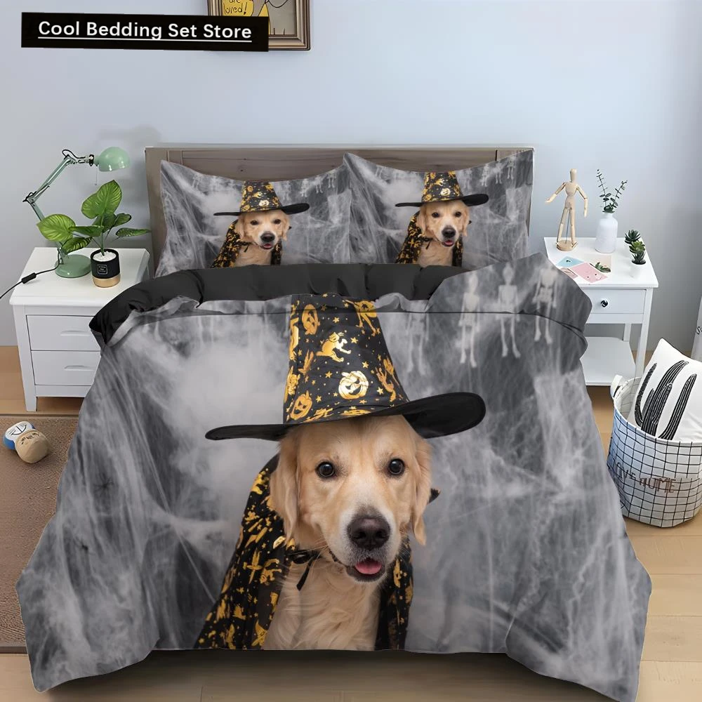 

Halloween Dog Pumpkin King Queen Duvet Cover Lovely Pet Puppy Bedding Set Animal Quilt Cover 2/3pcs Polyester Comforter Cover