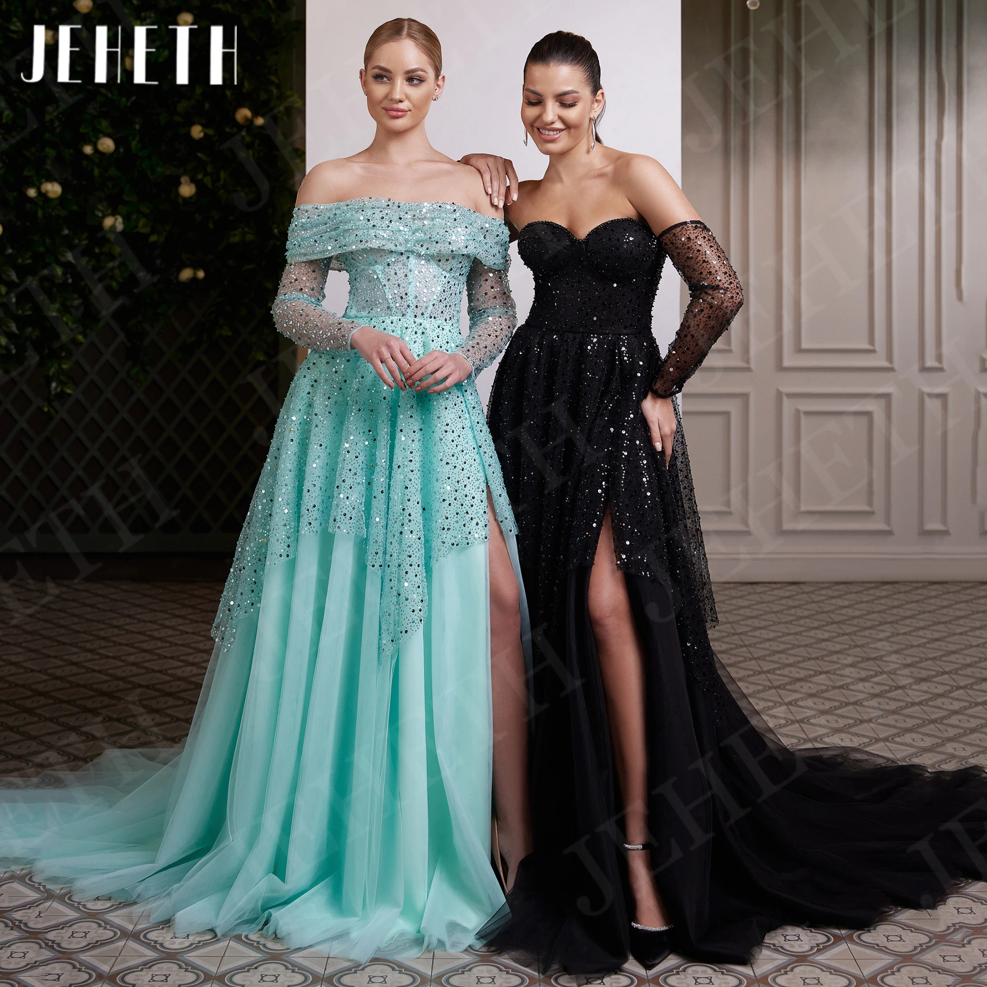 JEHETH abito da ballo con spalle scoperte Tulle Luxury Sparkly manica lunga una linea compleanno Split Sweetheart Pageant Gown Off Shoulder Prom Dress Tulle Lusso Sparkly Manica Lunga Una linea Compleanno Split Sweethe