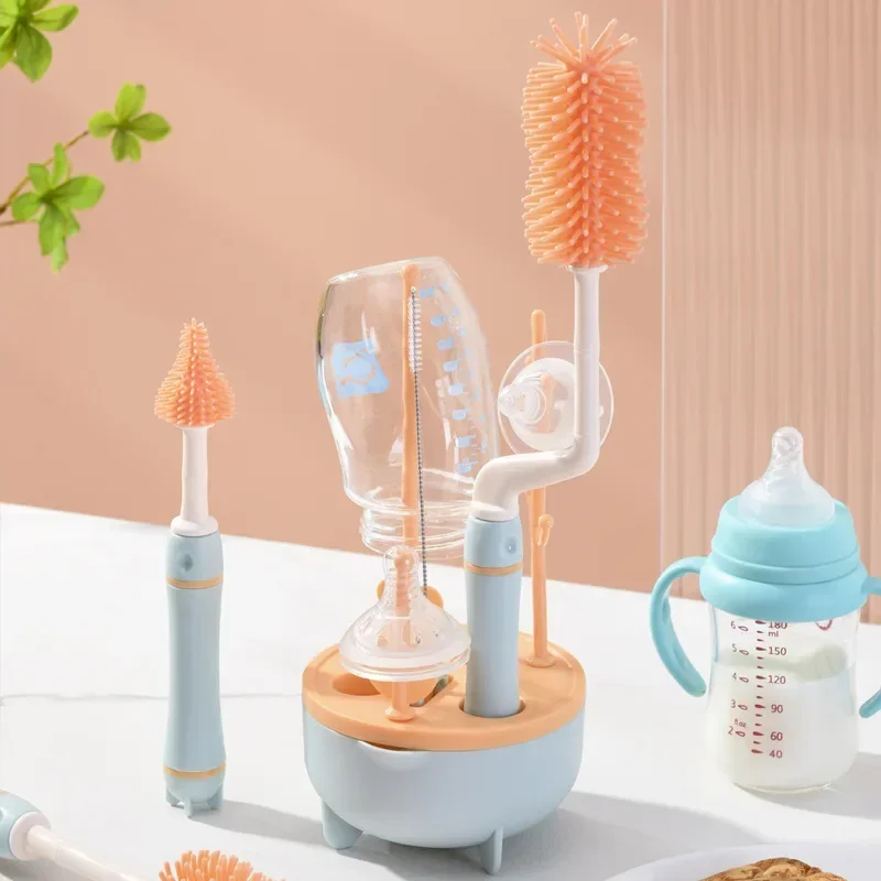 Multifunction Infant Dedicated Silicone Milk Bottle Brushes Long Handle Baby Cleaning Brush 360℃ Rotate Washing Bottle Brush Set