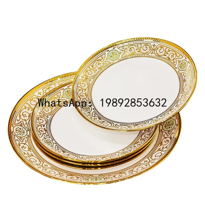 

Xl embossed gold bone china dinnerware set - european style ceramic bowls, plates, and dinnerware gift set