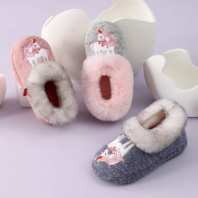 Goosecret Kids Winter Fur Fluffy Slippers Boys Girls Indoor Warm Cute Animals Cotton Shoes Soft Non-slip Cozy Plush House Slides