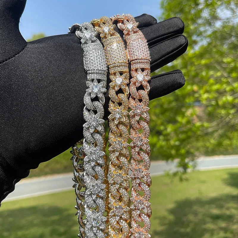 

15mm Hip Hop 5A+ CZ Stone Bling Ice Out Flowers Star Cuban Link Chain Necklaces for Men Rapper Jewelry Gold Silver Color