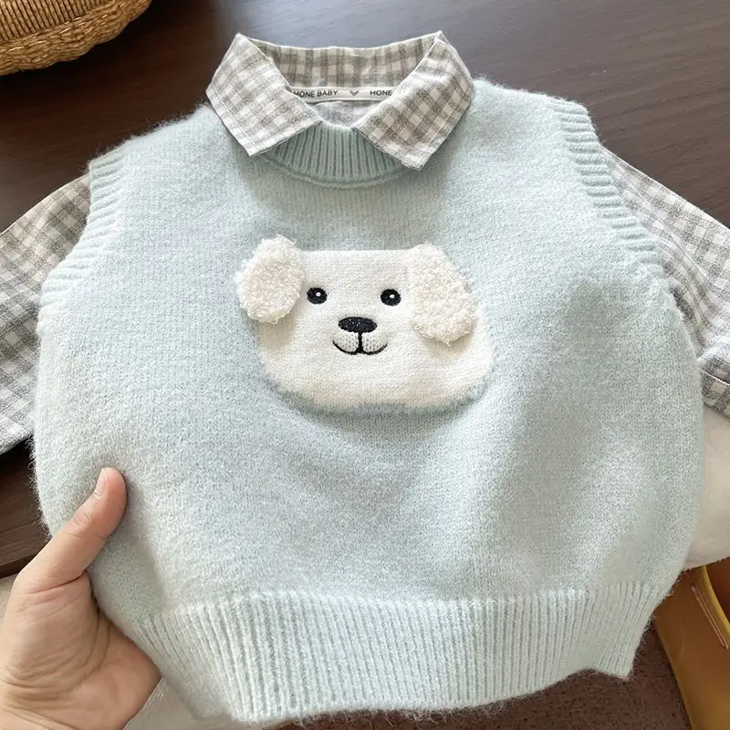 

Children's Set Spring Autumn Fashion Plaid Shirt And Knitted Vest Set Casual Two-Piece Suit for Boys