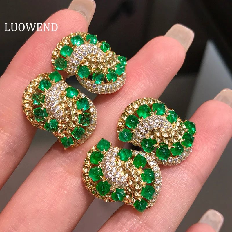 LUOWEND 100% 18K Yellow Gold Earrings Luxury Design Natural Emerald Earrings for Women Senior Banquet Luxury Diamond Jewelry