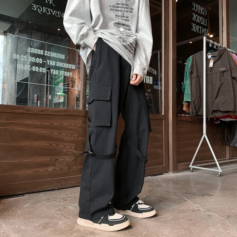 Cargo Pants Men Baggy Lace-up Multi Pockets Techwear Harajuku Stylish Simple Comfortable Autumn Daily Japanese Style City Boy