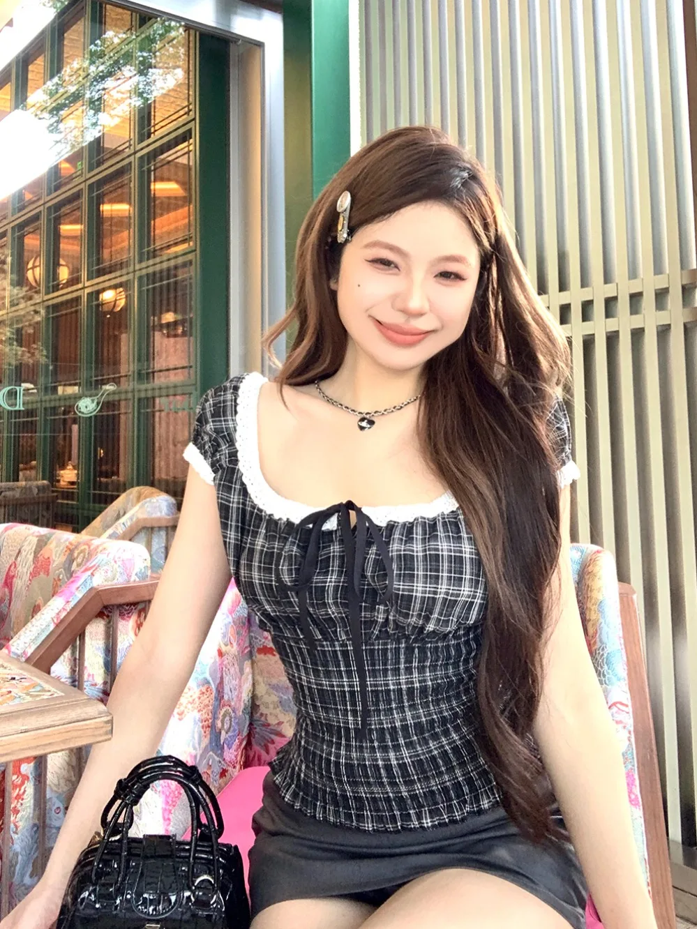 

Black Lace Trim Square Collar Slim Fit Casual Shirt Women's Fashion Spring Youthful Top French Style Polyester Fiber Short Sl...