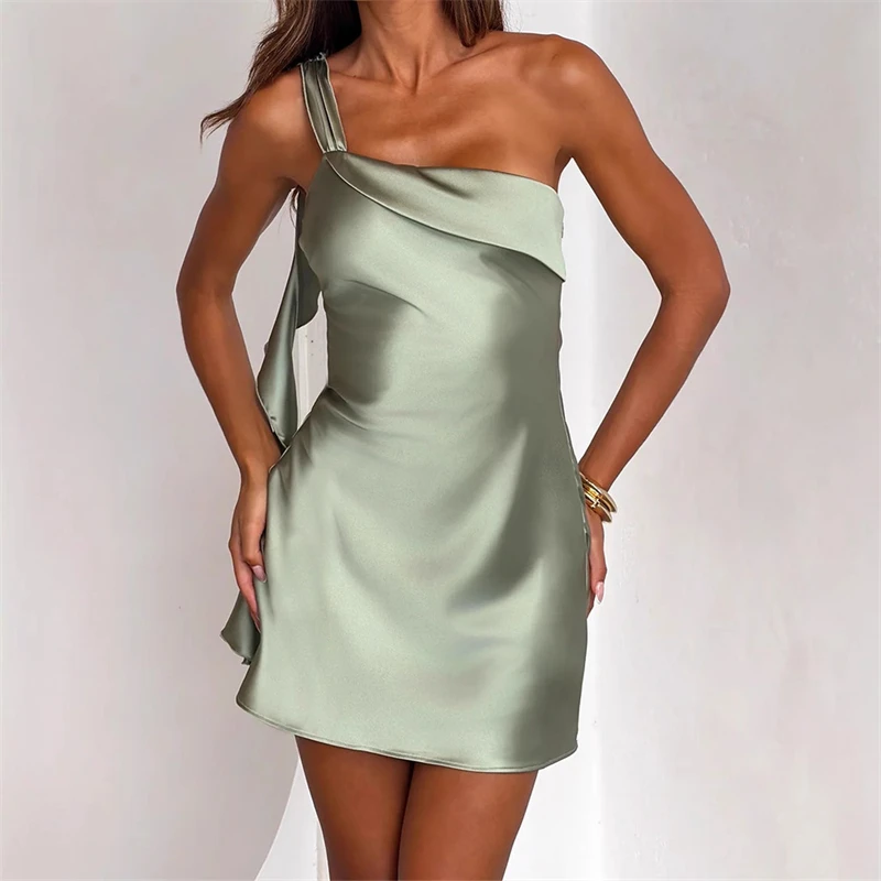 

One Shoulder Satin Mini Dress Sexy Backless Slim Short Dresses Elegant Gown Bridesmaid Cocktail Party Homecoming Graduation 2026