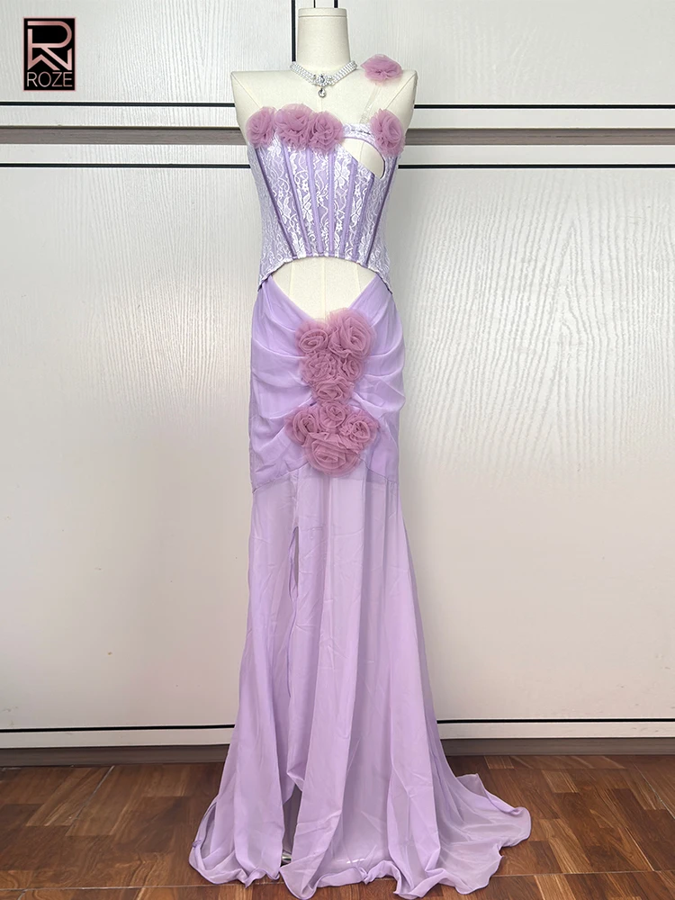 

ROZE 2026 Trending Lavender Two-Piece Evening Gown - Floral Embellished Lace Corset Mermaid Dress for Wedding Guest Formal