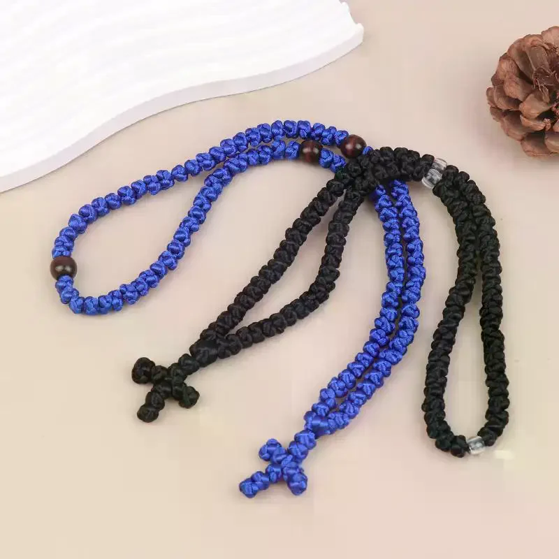 Black/Blue Knot Necklace Handmade Orthodox Religous Rosary Prayer Rope Cross Jewelry Gift