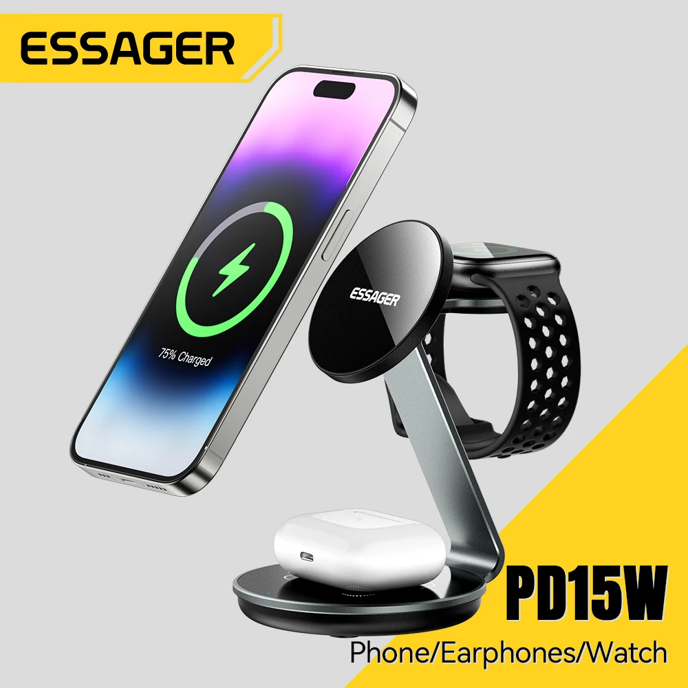 

Магнитная Беспроводная зарядная подставка Essager 3 в 1 для iPhone 15 14 13 12 Pro Max Apple Watch AirPods 15 Вт, док-станция для быстрой зарядки