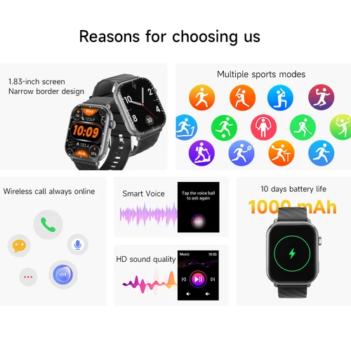 Imagen 2 del producto 2025 nuevo reloj inteligente caliente 1,83 ''HD Screen1000mAh batería grande relojes deportivos al aire libre Bluetooth llamada IP68 impermeable para hombres y mujeres