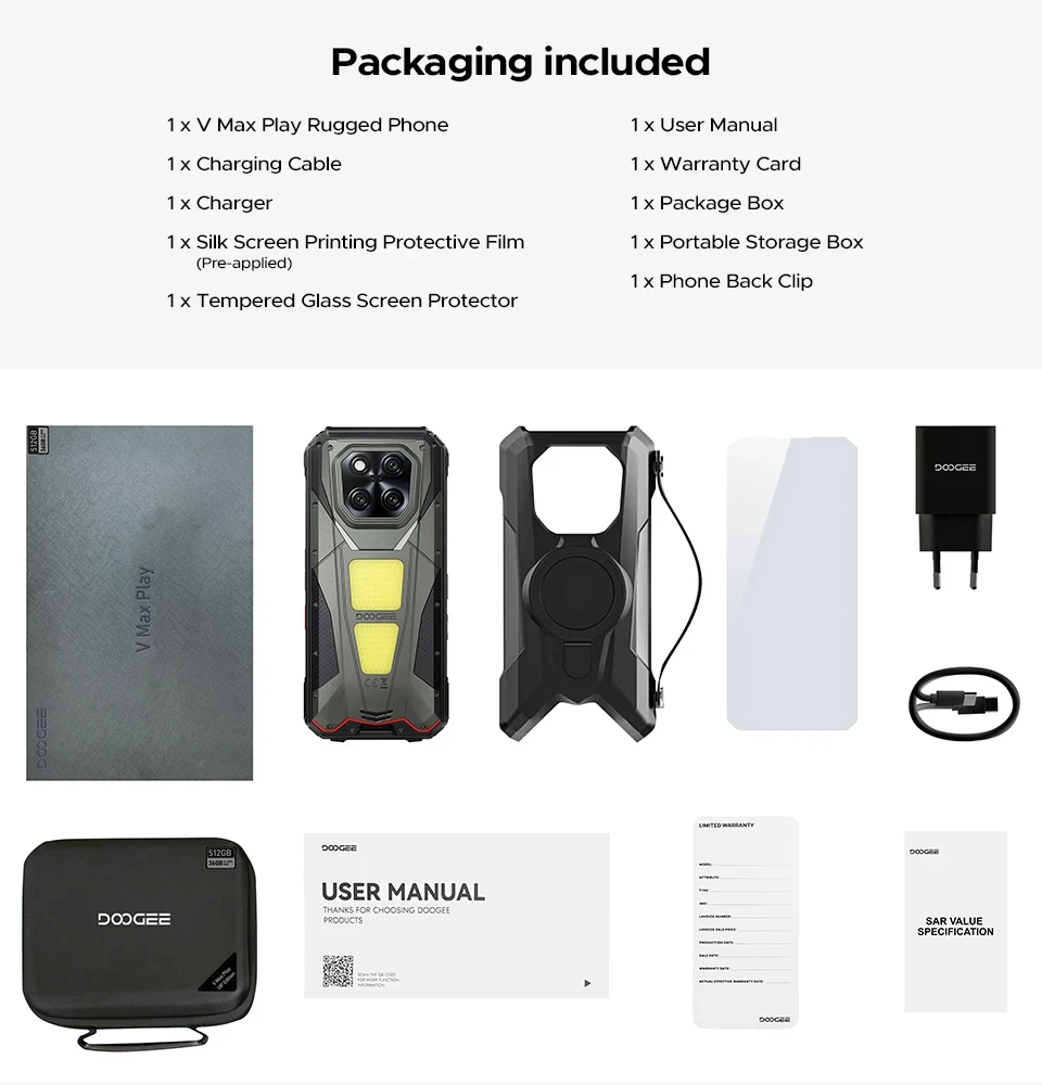 DOOGEE V Max Play Projector Rugged Phone 16GB+512GB 20500mAh 200MP Smartphon 5G 6.78" Display Dual Camping Lights Android 15 NFC