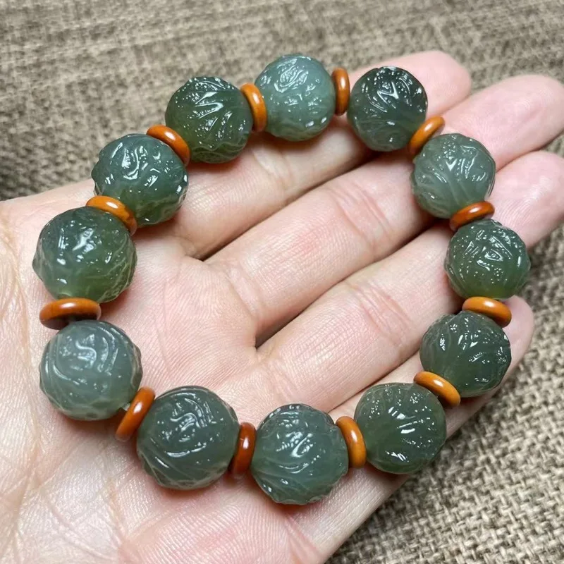Hetian Cabbage , Fashionable Accessory, Qinghai Jade Bracelet With Green Beads
