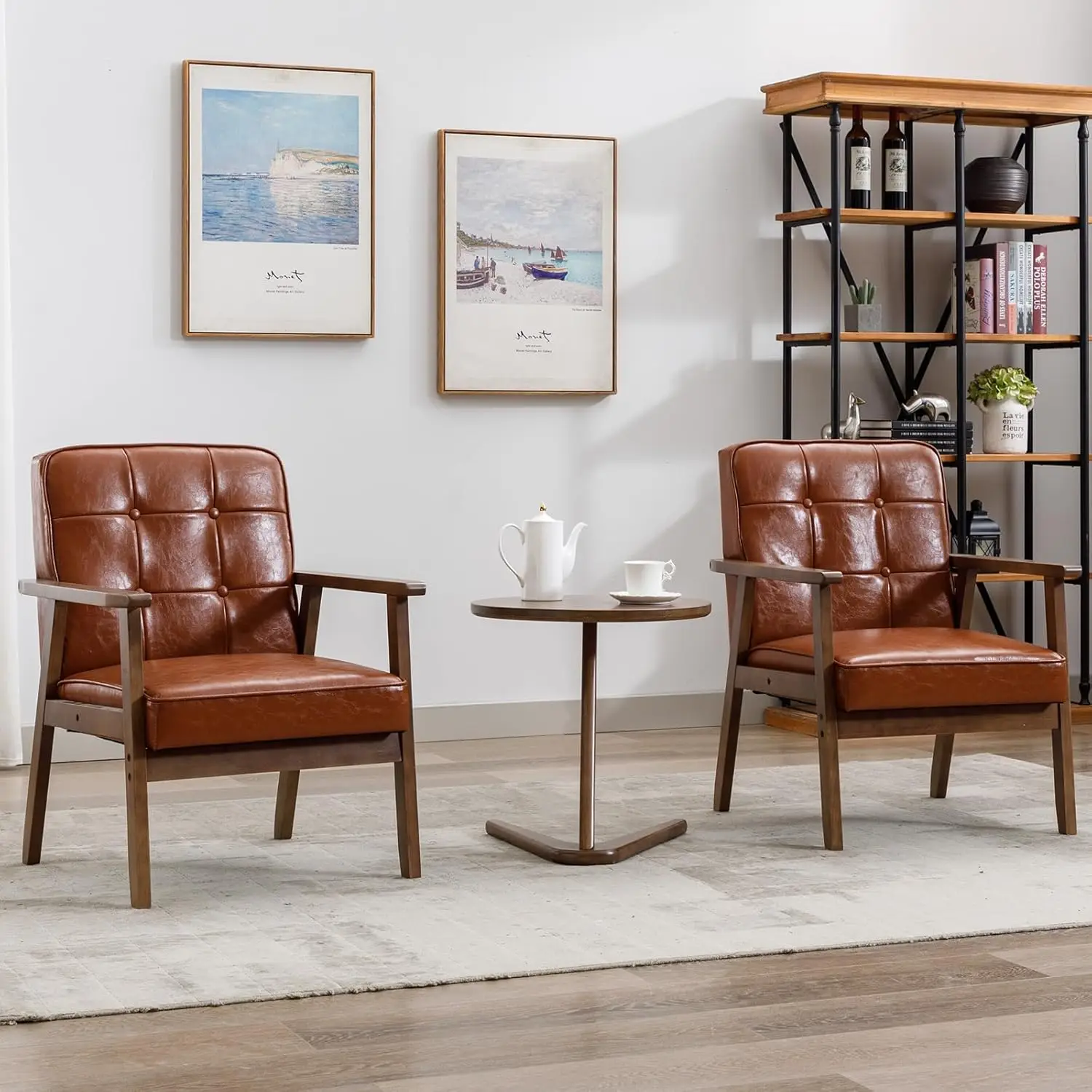 Accent Chairs Set of 2, Mid Century Modern Accent Chair, Retro Wood and Leather Armchairs Side Chair, Lounge Reading Com