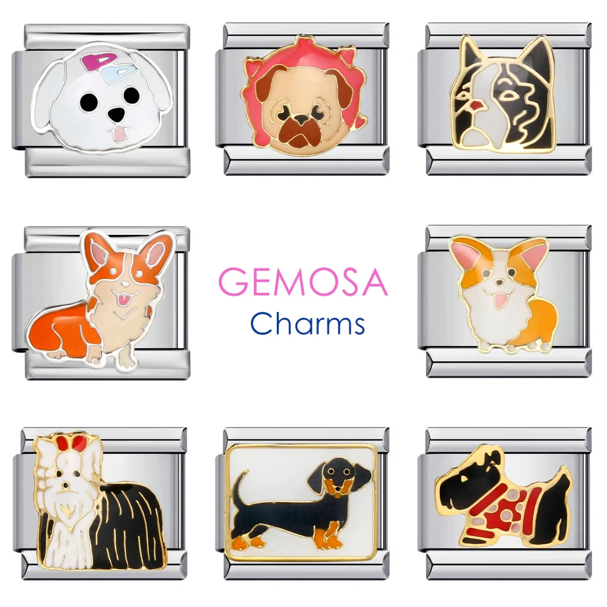 GEMOSA Fashion Colour Y2k Cute Dogs Italian Charm Link Fit 9mm Stainless Steel Bracelets Making DIY Jewelry for Women Men