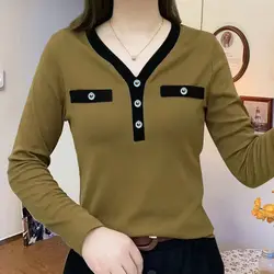 Elegant Versatile Commuter Women's Clothing 2023 Autumn and Winter New Splice Button V-Neck Long Sleeve Temperament Pullover