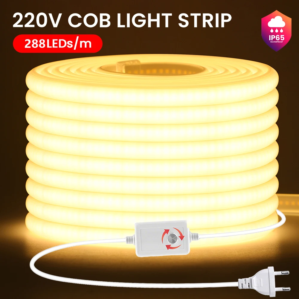 Dimmable 220V COB Led Strip Light ON/OFF Dimmer 288Leds/M Waterproof Flexible Neon Lamp EU Power Kit Warm White Red Home Decor