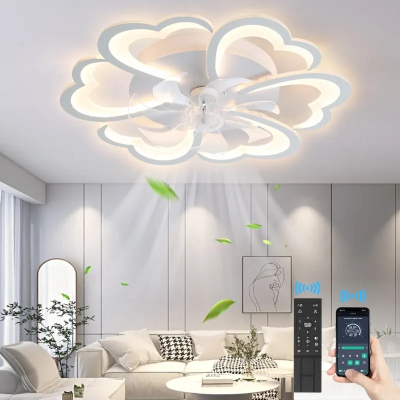 

27" Smart Ceiling Fan with Lights and Remote, Modern Flush Mount Enclosed Ceiling Fan, Low Profile Dimmable Indoor - White