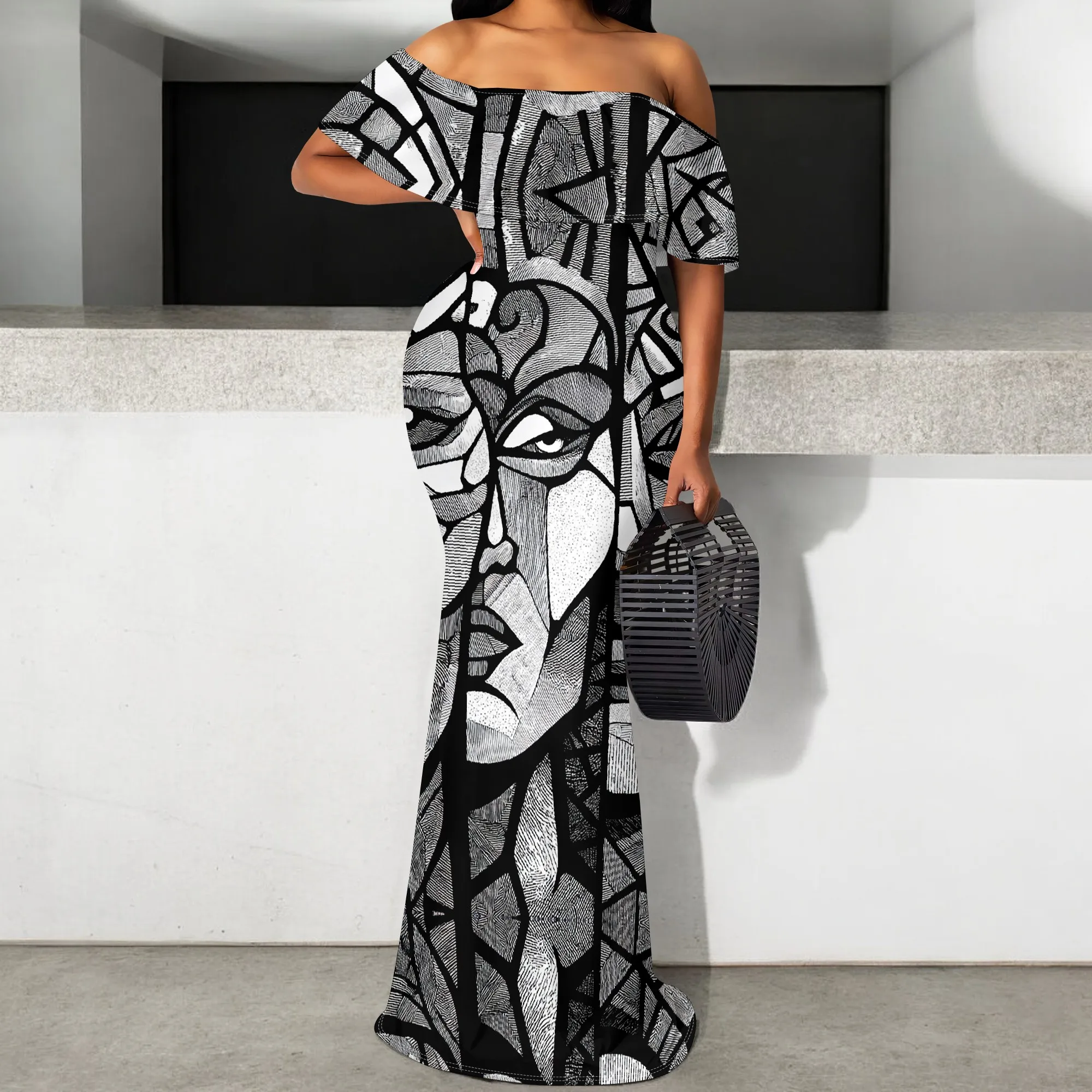 

Plus Size Off-Shoulder Mermaid Dress for Women Abstract Art Print Ruffle Bodycon Gown S-3XL