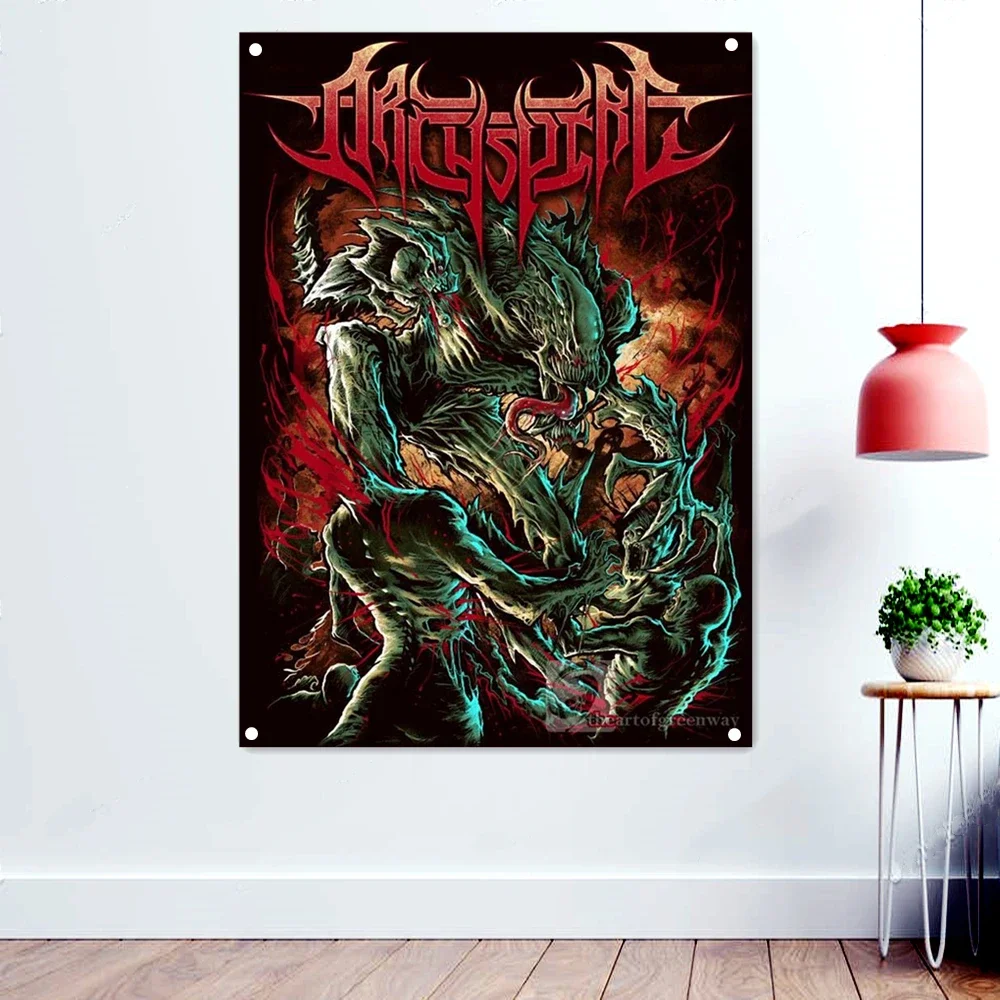 Demon Rock and Roll Skull Art Poster Mural Hanging Cloth Heavy Metal Music Banner Canvas Painting Flags With Four Metal Buckle