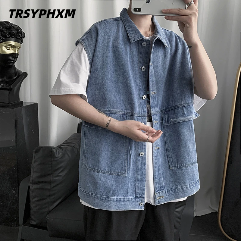 

TRSYPHXM 2024 new Shoulder denim jacket, men's spring and autumn trend, Korean version loose sleeveless workwear, vest