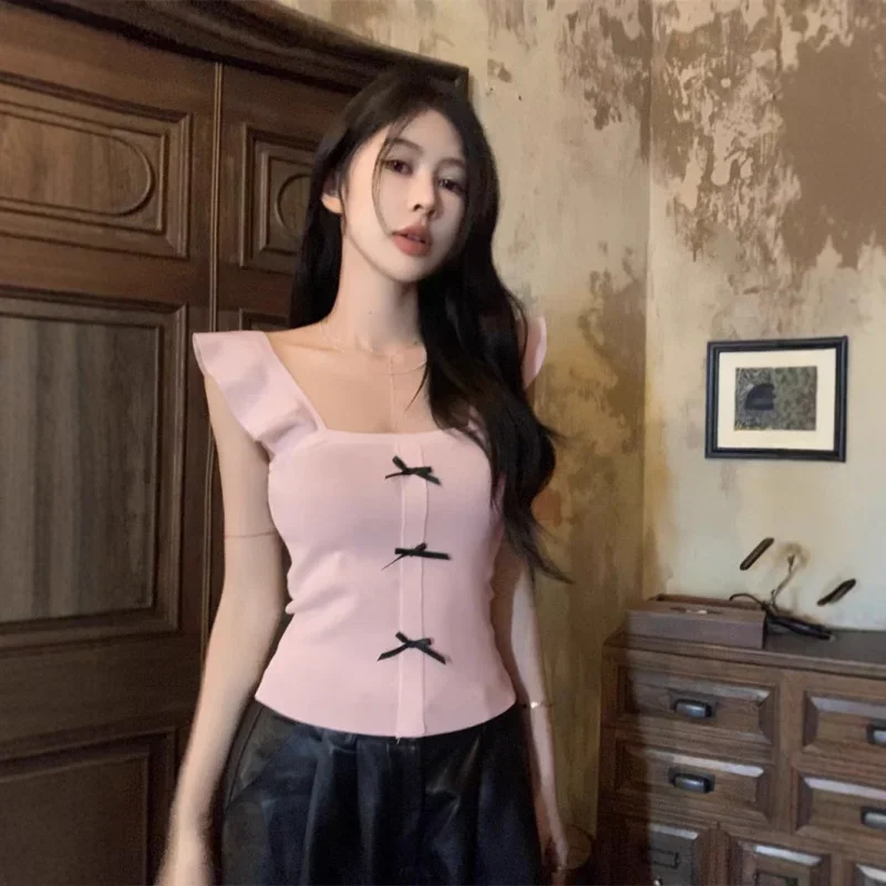 

Hot Girl Sleeveless Camisole Summer Korean Style New Design Short Bowknot Pure Desire Women's Slim Fit Top