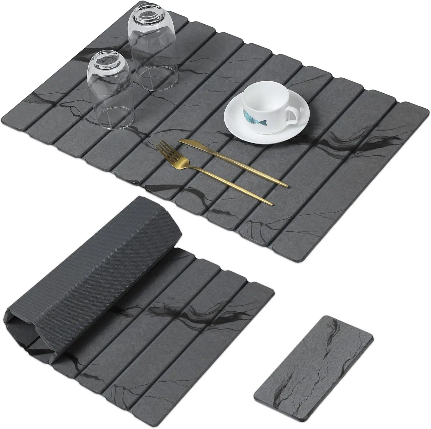 

Большой каменный коврик для сушки посуды, тонкий, быстросохнущий, складной, для кухонной раковины и столешницы в ванной, серый, 24x16 и 8x4