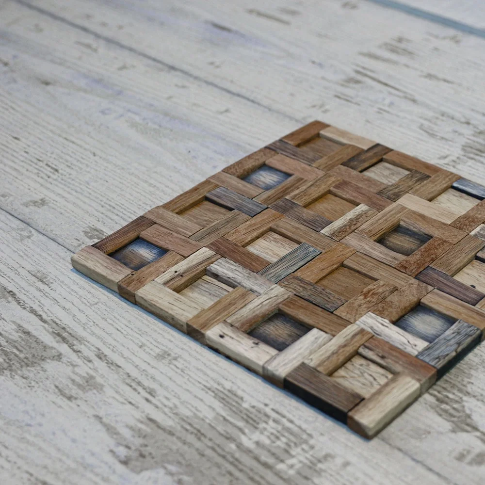 بلاط حائط فسيفساء من الخشب الطبيعي المستصلح، لوحات زخرفية سهلة التركيب بنفسك، ميزة جدارية ذات لهجة ريفية للمنزل أو العمل