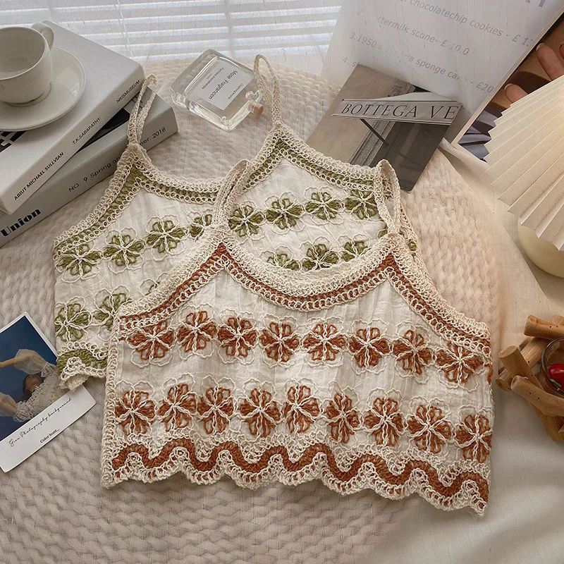 Boring Honey Contrast Color Embroidery Crop Top Korean Style Be All-Match Wavy-Edge Tank Tops Women Round Collar Tops