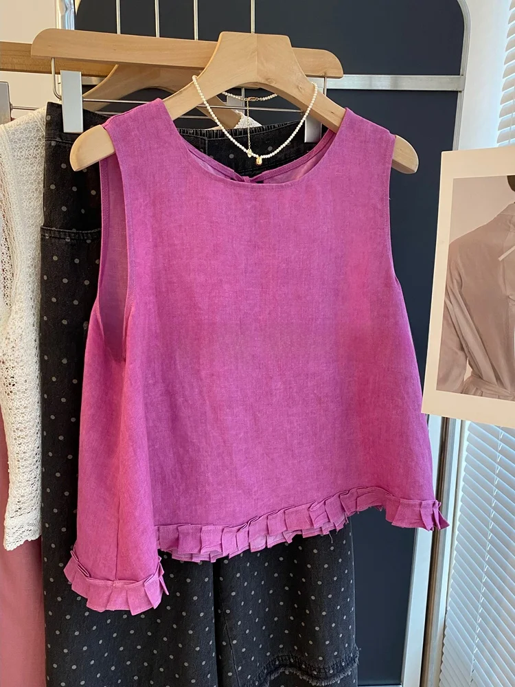 

Korean Style Sweet Wooden Sleeveless Cotton Linen Vest Shirt Women Summer Loose Slimming Doll Shirt Top Casual Commute
