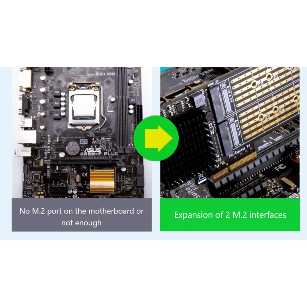 OUVU-SSU PCI-E X4 naar dubbele NVMe PCIe-adapter, M.2 NVMe SSD naar PCI-E X8/X16-kaart Ondersteuning M.2 (M-sleutel) NVMe SSD 22110/2280/2260/2242