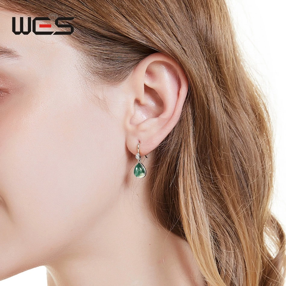 WES 925 Sterling Silver Natural Moss Agate Earrings for Women Inlaid Geometric Natural Unique Gem Engagement Gift Wholesale