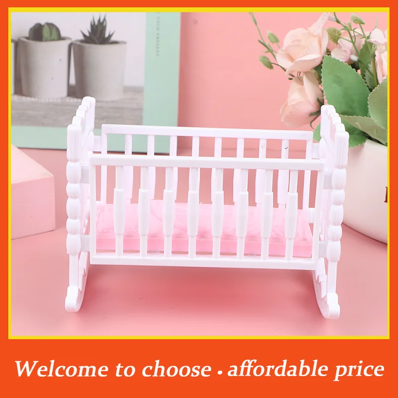 ^Doll House Light Pink White Baby Doll Shaker Toy Accessories Bed Cradle Crib