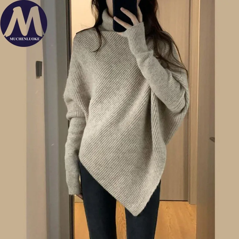 

Свитер для женщин, осень-зима, новые вязаные свитера с высоким воротом, корейские модные повседневные свободные утолщенные теплые пуловеры