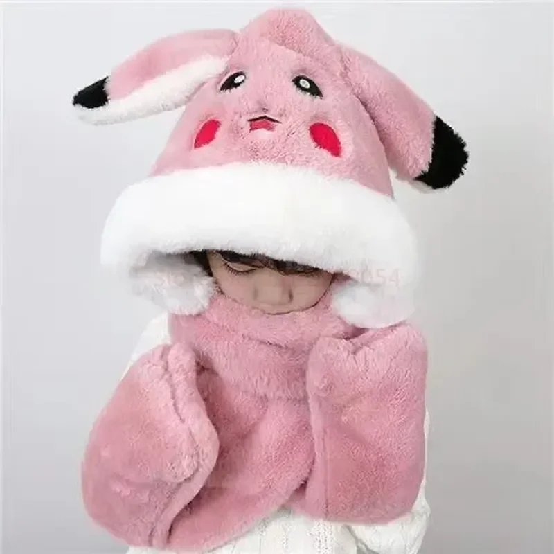 Kawaii Pokemon Pikachu pluszowa czapka Anime Cosplay kapelusze ciepłe szalik śliczne ruchome uszy rękawiczki szaliki czapki w jednym prezenty