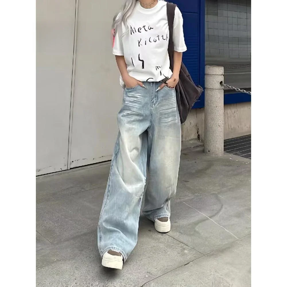 

Широкие джинсы с высокой талией, женские свободные джинсы с прямой талией, повседневные прямые брюки в американском стиле ретро