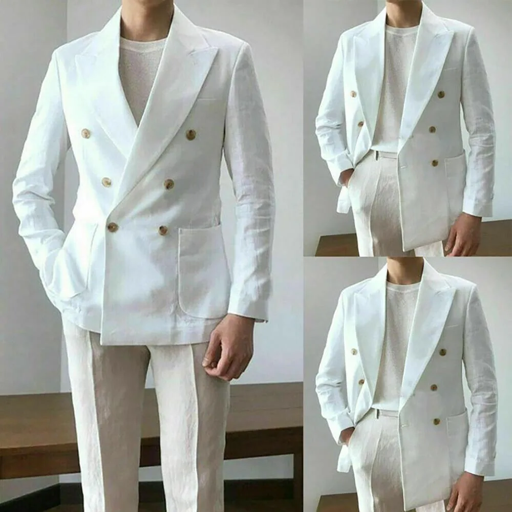 Summer Men Suits Linen Double Breasted Peak Lapel Outfits Beach Wedding 2 Piece Jacket Pants Male Clothing Elegant Terno 2024