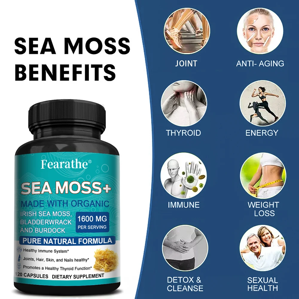 Organic Sea Moss Capsules for Immune Support, Skin and Joint Health, Gut Cleansing and Thyroid Function - with Irish Moss