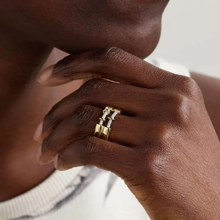 18K Gold Zircon Inlaid Closed Double Layer Ring for Women Bold Smooth Surface Stackable Statement European Daily Jewelry Gifts