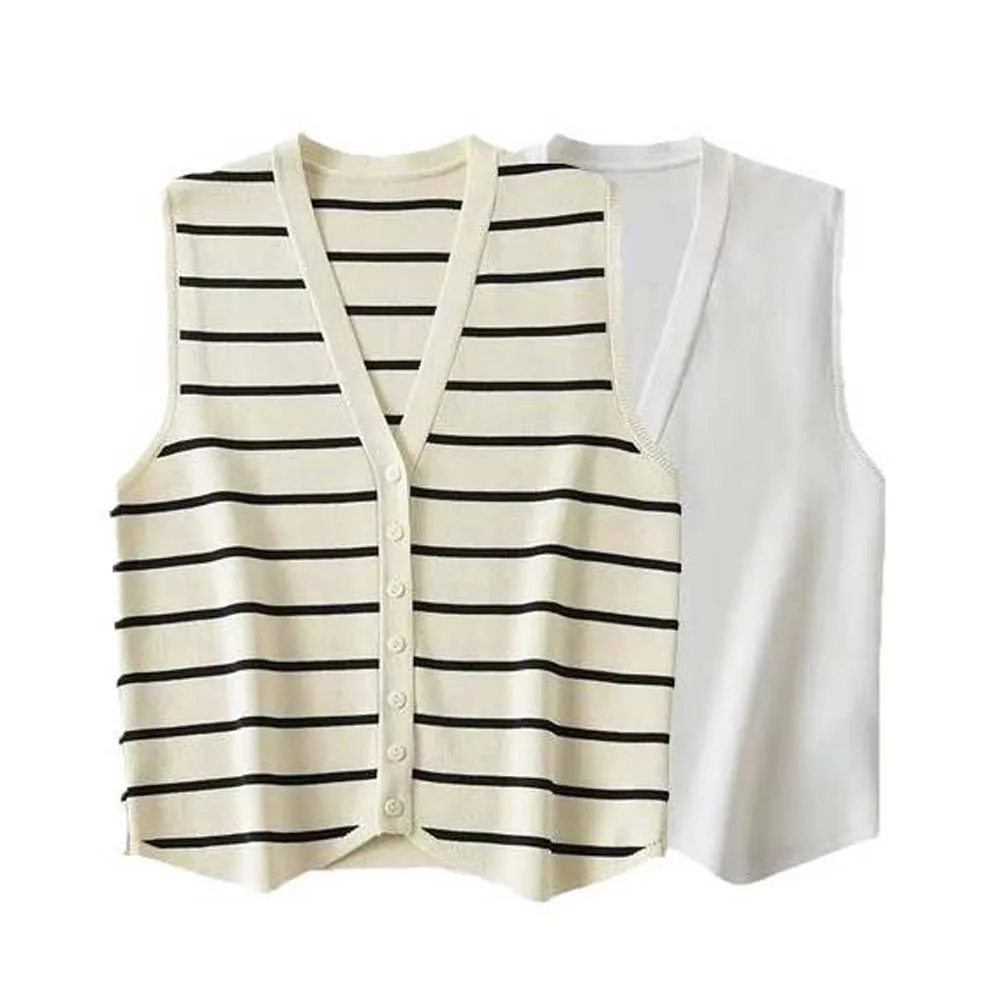 Vintage Waistcoat Chic V Neck Vest Tops Front Button Lady Outfits Knit Vest Sweater White Khaki Striped Sleeveless Tops Party