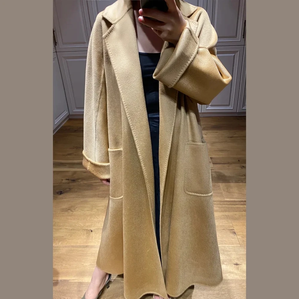 2023 High-end Winter Cashmere Coat Women Autumn Long Loose Camel Coat Water Ripple 100% Cashmere Lace Fashionable Casual Jacket