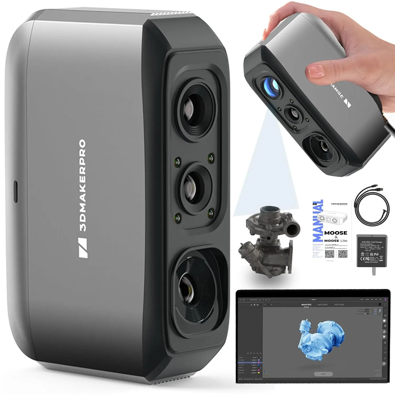 3DMakerpro Moose Lite Handheld 3D Scanner for 3D Printing, 3D Printer Accessories Scanner with 0.05mm High Accuracy, NIR Light &